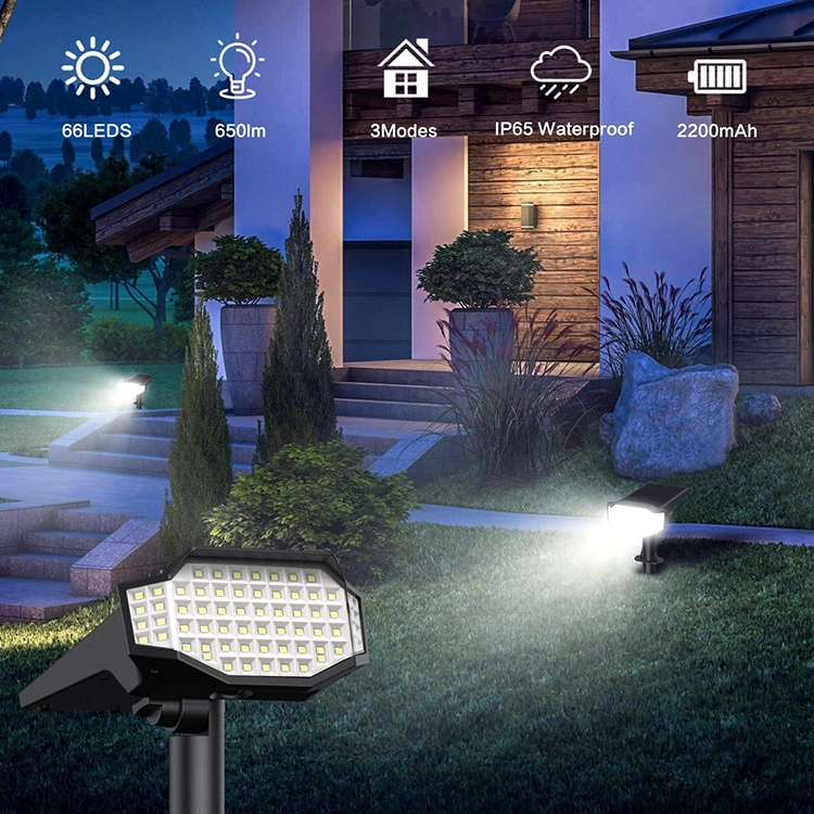 IP65 Solar Lights Outdoor 66 LEDs 2200mAh Super Bright Spotlights 2-in-1 Waterproof Security Wall Lights Solar Garden Light