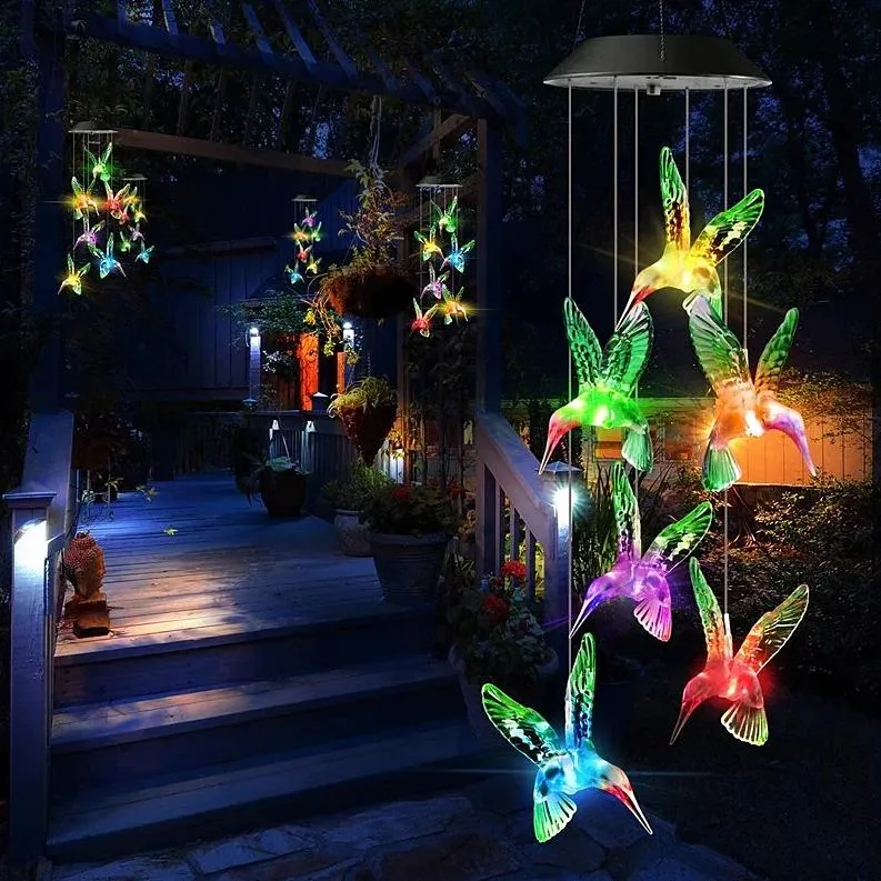 Outdoor Waterproof Solar Colorful Wind Chime Lightingg Lamp Hummingbird Shape Pendant LED Night Light Courtyard Garden Patio Window Decorative Lighting