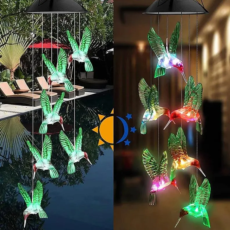 Outdoor Waterproof Solar Colorful Wind Chime Lightingg Lamp Hummingbird Shape Pendant LED Night Light Courtyard Garden Patio Window Decorative Lighting