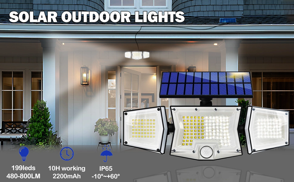 Solar Motion Lights Outdoor Waterproof Flood Lights Outdoor Motion Sensor3 Head Adjustable 3000lm/199LEDs Lighting 150sqm for Porch Garden Patio Yard