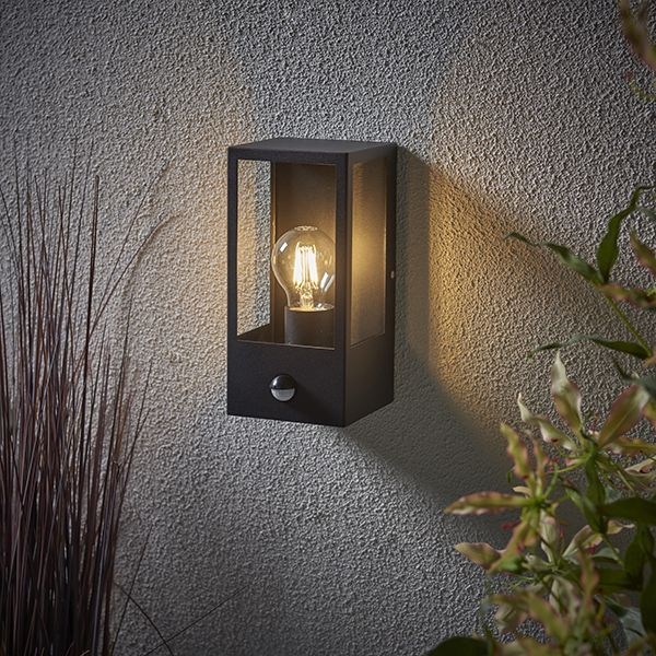 Hot Sell Black Stainless Steel Mounted Lantern E27 15W Glass Shade Motion Sensor Outdoor Wall Light