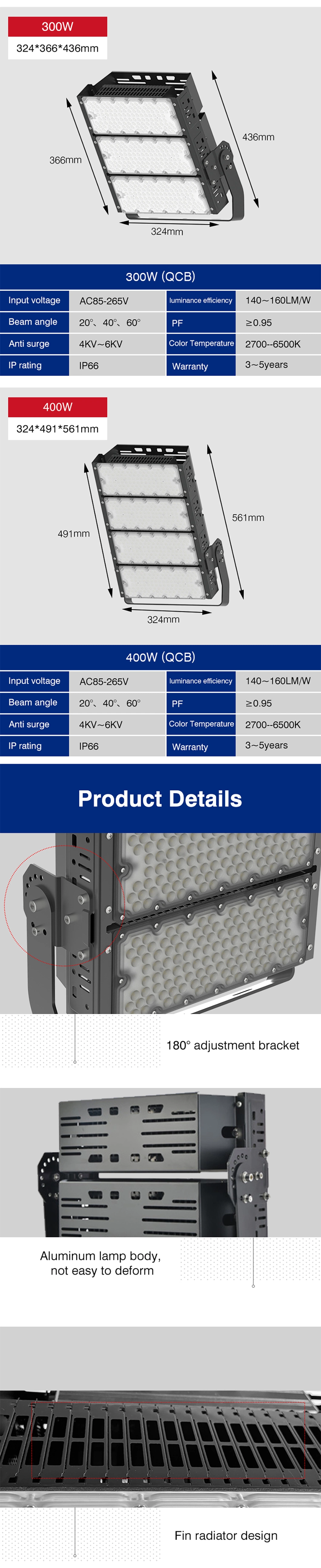 High Efficiency Waterproof Floodlight 100W 200W 300W LED Stadium Sport Field Light