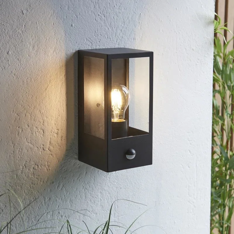 Hot Sell Black Stainless Steel Mounted Lantern E27 15W Glass Shade Motion Sensor Outdoor Wall Light