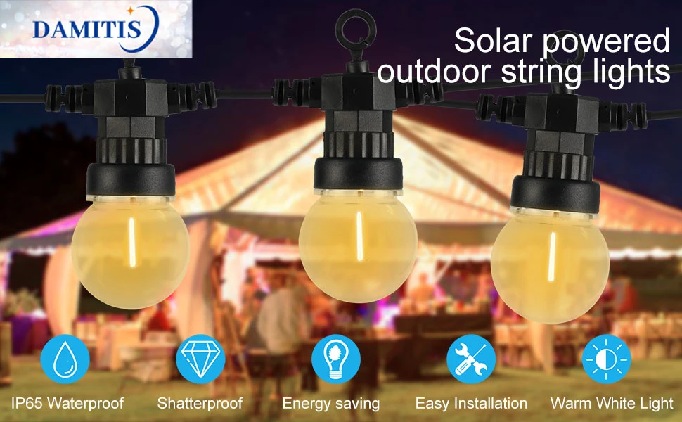 G50 Shatterproof Bulbs Solar Outdoor String Lights with Dimmable Remote Control for Garden Bistro Cafe Backyard Holiday