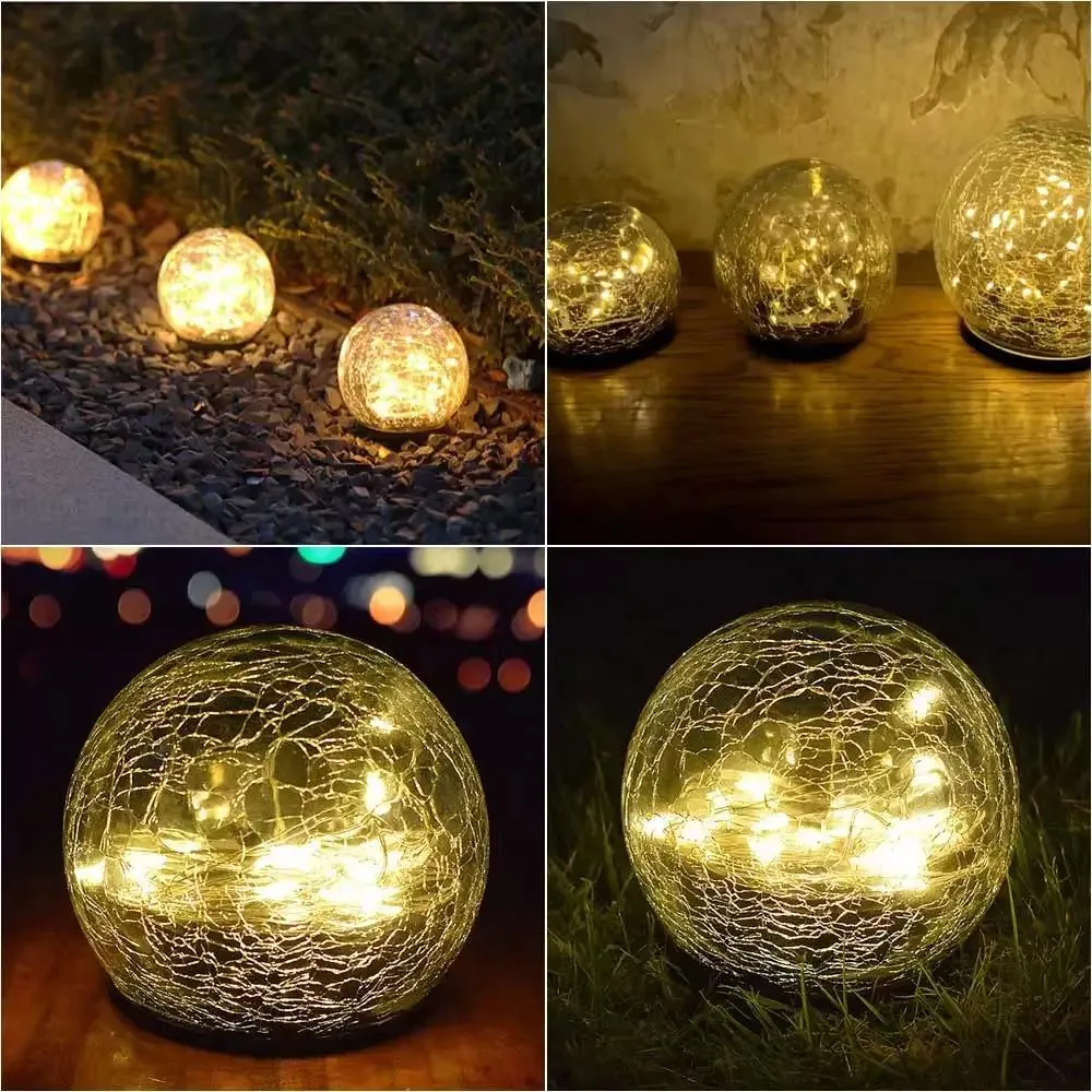 Pathway Ornamental 20LED Copper String Solar Patio Crack Lights Outdoor 12cm Cracked Glass Ball LED Solar Light for Garden