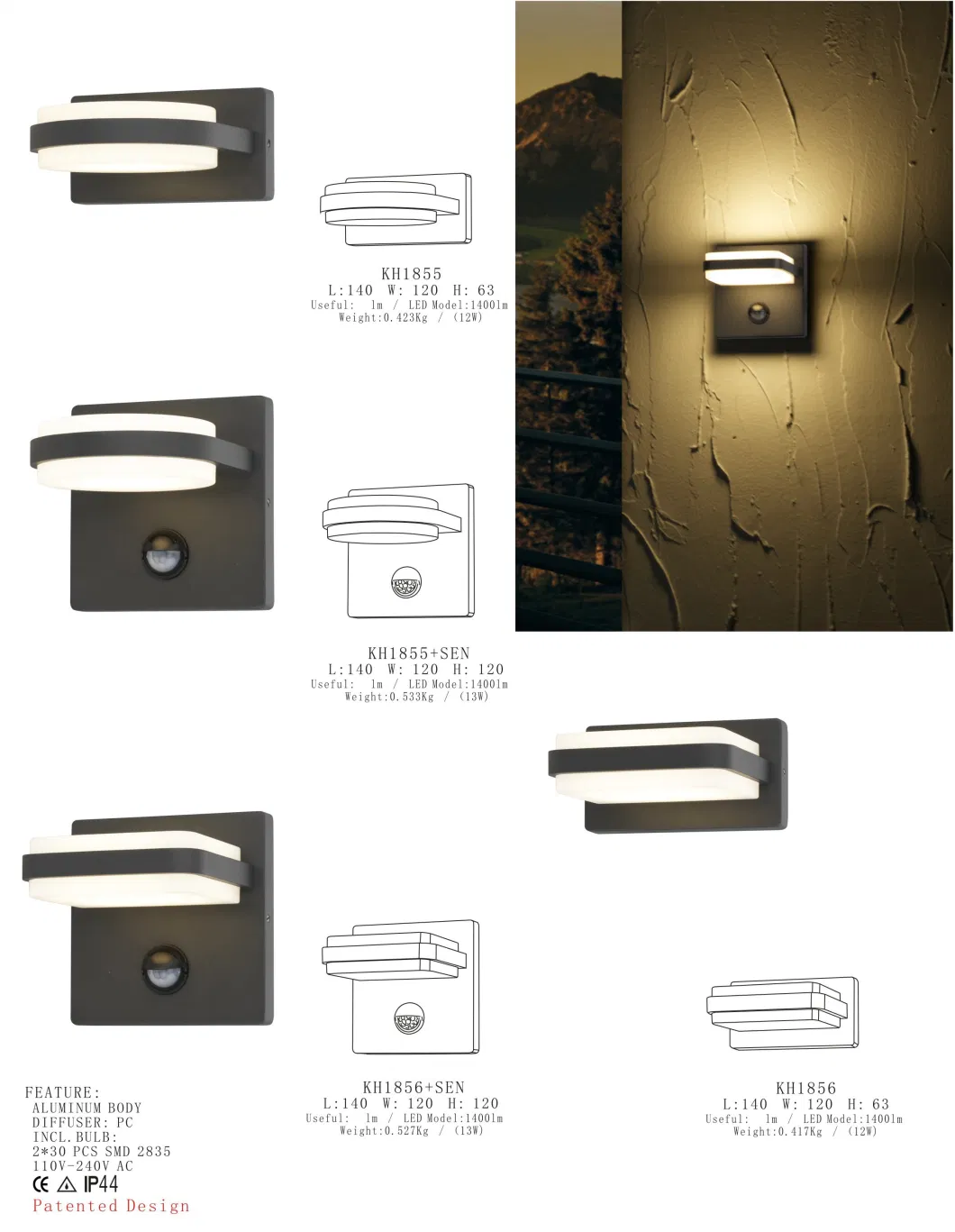 Decorative Die-Cast Aluminum Garden Motion Sensor IP44 Outdoor LED Wall Mount up &Down Light