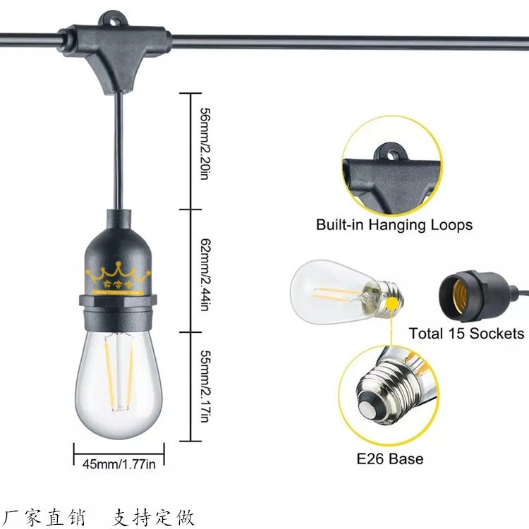 Shatterproof Edison S14 Outdoor Patio String Light Bulbs Waterproof IP65 Connectable Dimmable Patio Lights for Grade Camping