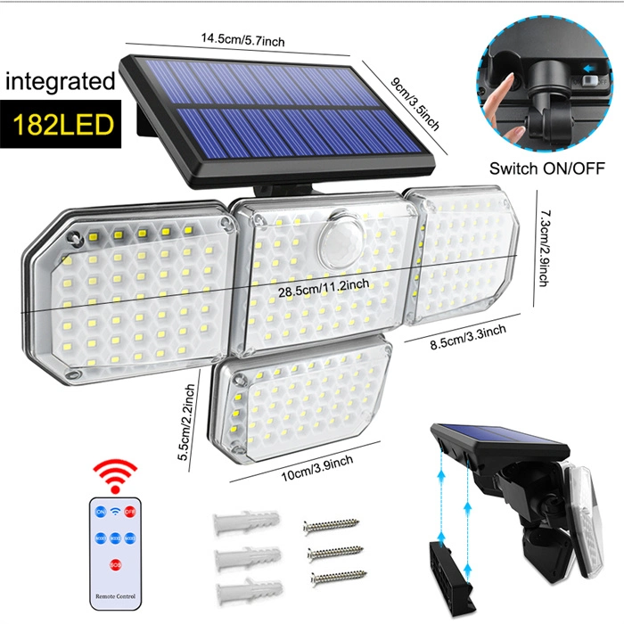 LED Solar Lights Outdoor 182LED 4 Heads Adjustable Motion Sensor Light Solar Waterproof Wall Lamp for Garage Yard Patio Garden