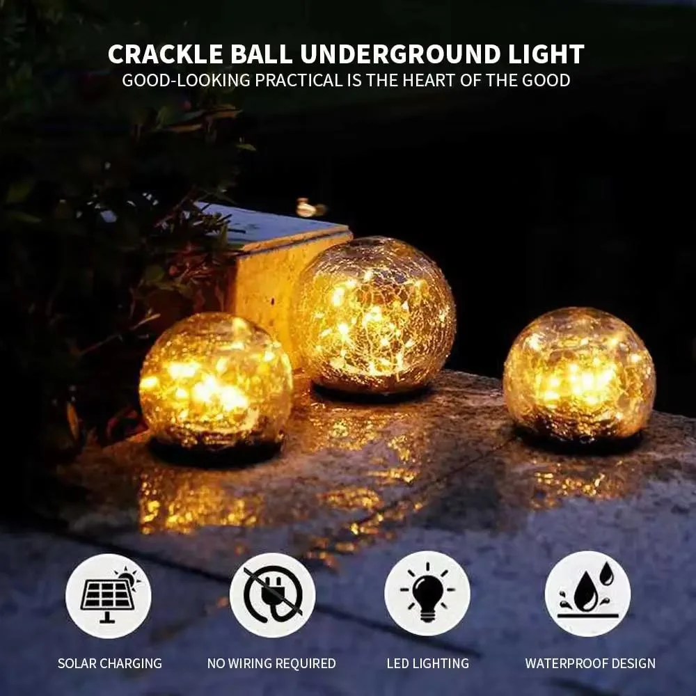 Pathway Ornamental 20LED Copper String Solar Patio Crack Lights Outdoor 12cm Cracked Glass Ball LED Solar Light for Garden