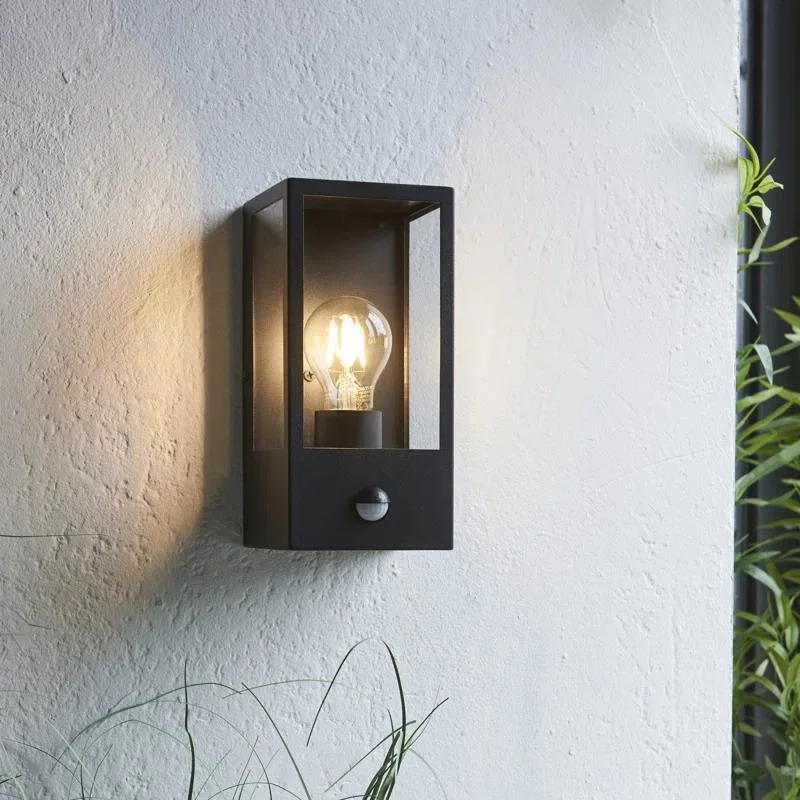 Hot Sell Black Stainless Steel Mounted Lantern E27 15W Glass Shade Motion Sensor Outdoor Wall Light