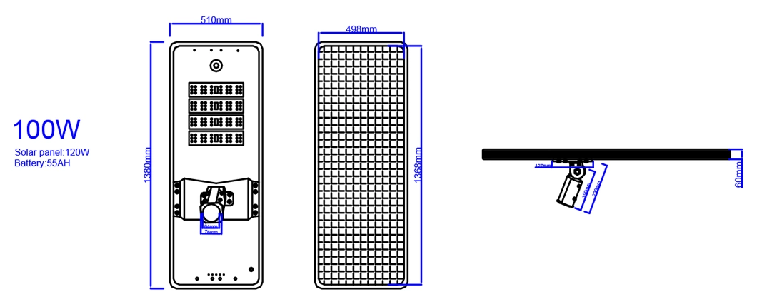 Thick Die Casting Aluminium IP65 100W Adjustable All in One LED Lamp Road Housing Garden Solar Street Light