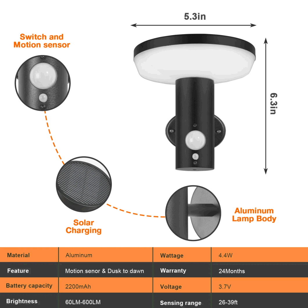 Decorative Stainless Steel IP54 Round Shape 3 Modes Motion Sensor Outdoor LED Solar Wall Light