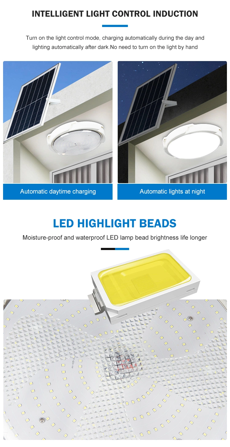 LED Solar Power Round Ceiling Lamp Light Light Indoor with Remote for Shed Porch Patio Garage Home Intelligent