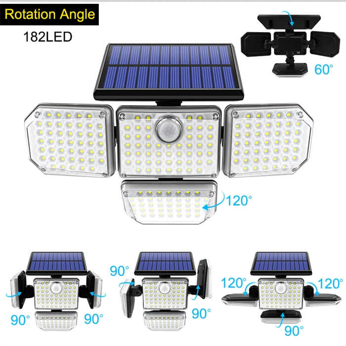 LED Solar Lights Outdoor 182LED 4 Heads Adjustable Motion Sensor Light Solar Waterproof Wall Lamp for Garage Yard Patio Garden