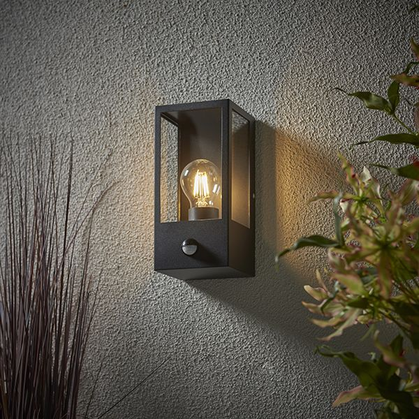 Hot Sell Black Stainless Steel Mounted Lantern E27 15W Glass Shade Motion Sensor Outdoor Wall Light