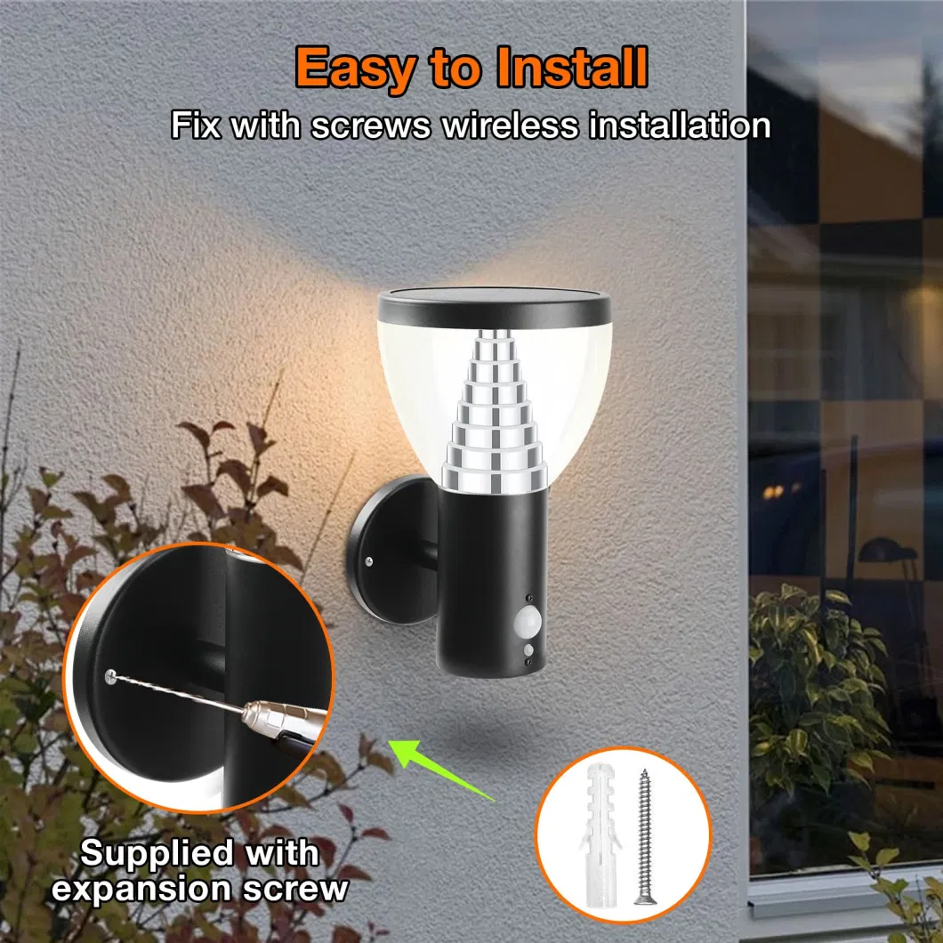 Black Stainless Steel Pyramid Waterproof Exterior Garden Solar LED Wall Light Outdoor PIR Sensor