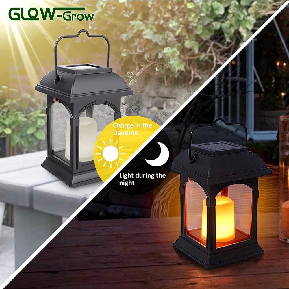 Warm White Flickering Flame Effect LED Solar Hanging Lantern Candle Light for Garden Decorative Lighting