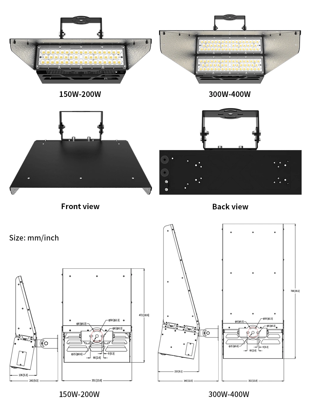 150W 200W 300W 400W Construction Site Outdoor Waterproof IP66 Sport Stadium 140lm/W LED Flood Light