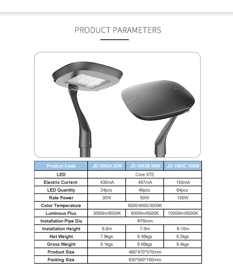 Jd IP66 Waterproof 5 Years Warranty Aluminium LED Road Outdoor Park Lamp Landscape Post Top Garden Street Lights