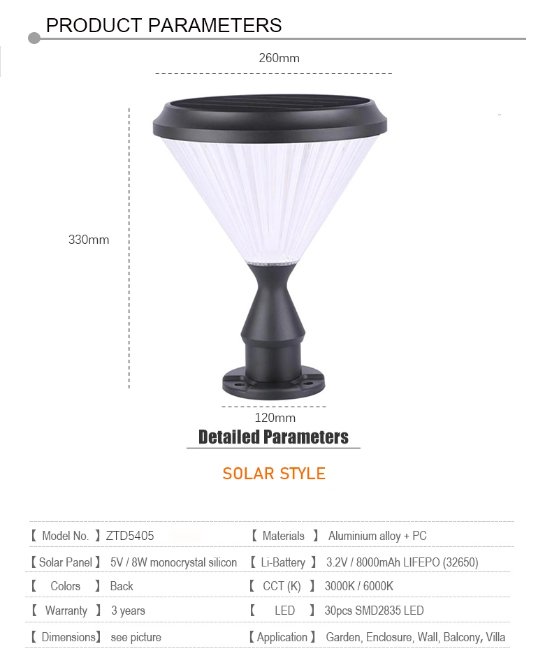 Solar Power Generation Column Lamp Hourglass 2 Watt Outdoor Garden Villa Courtyard Decoration Light