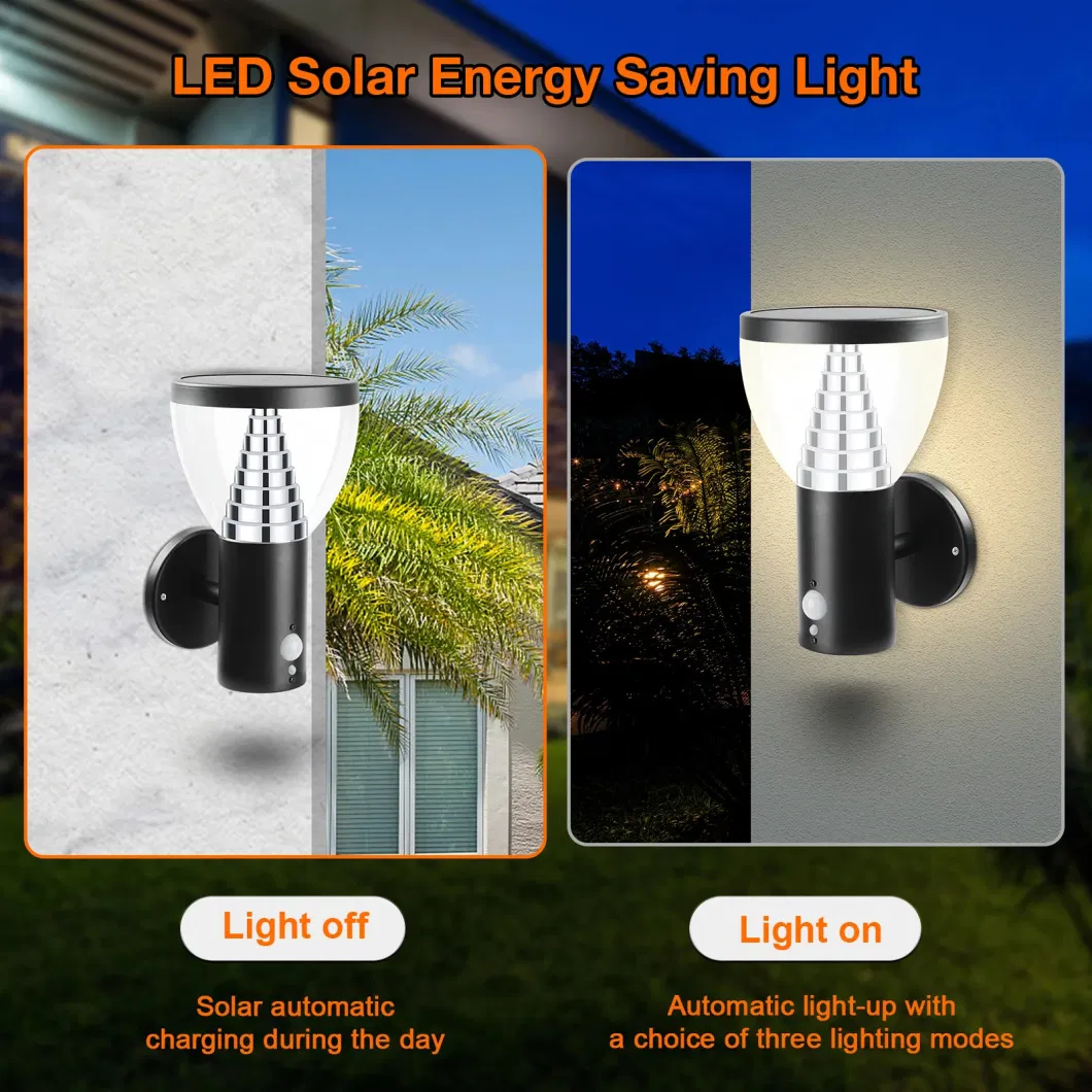 Black Stainless Steel Pyramid Waterproof Exterior Garden Solar LED Wall Light Outdoor PIR Sensor