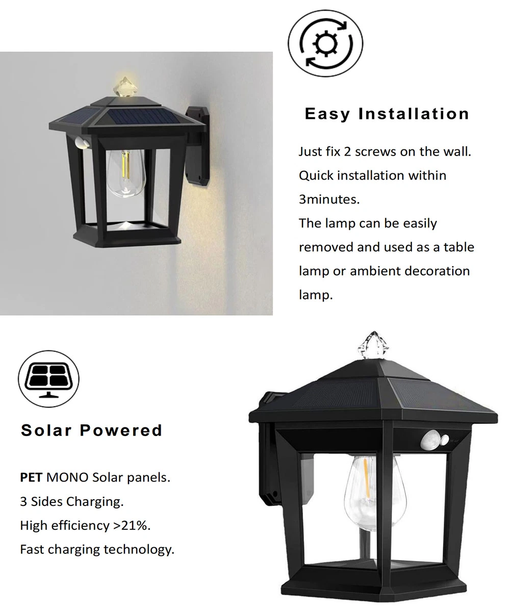 ABS IP65 Waterproof Garden Yard Patio Outdoor Rechargeable Solar Sensor Wall Light