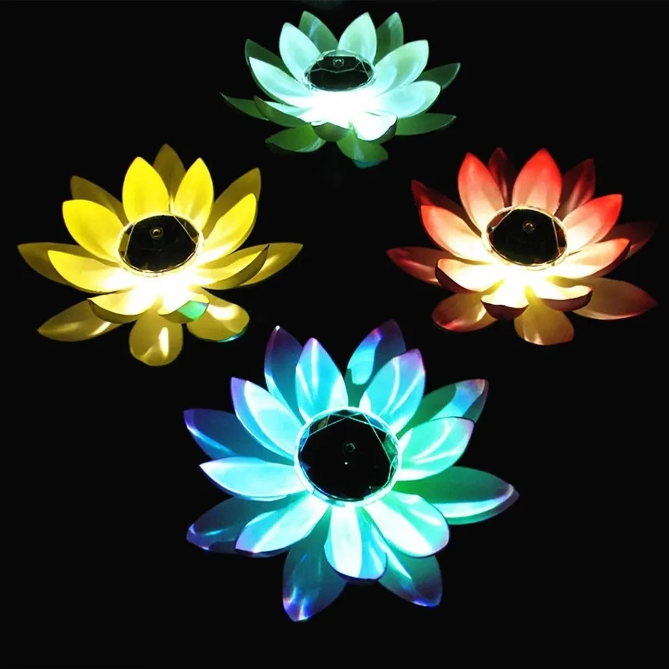 Solar Powered LED Flower Light Artificial Lotus Shape Floating Fountain Pond Garden Pool Lamp LED Night Light Solar Pool Light