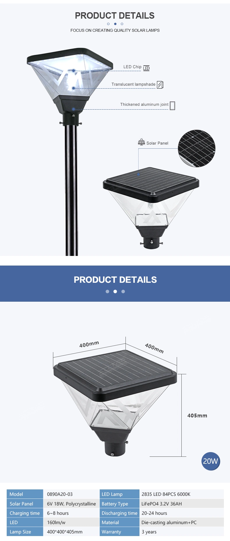 20W Waterproof IP65 Courtyard Road Outdoor LED Solar Garden Lamp