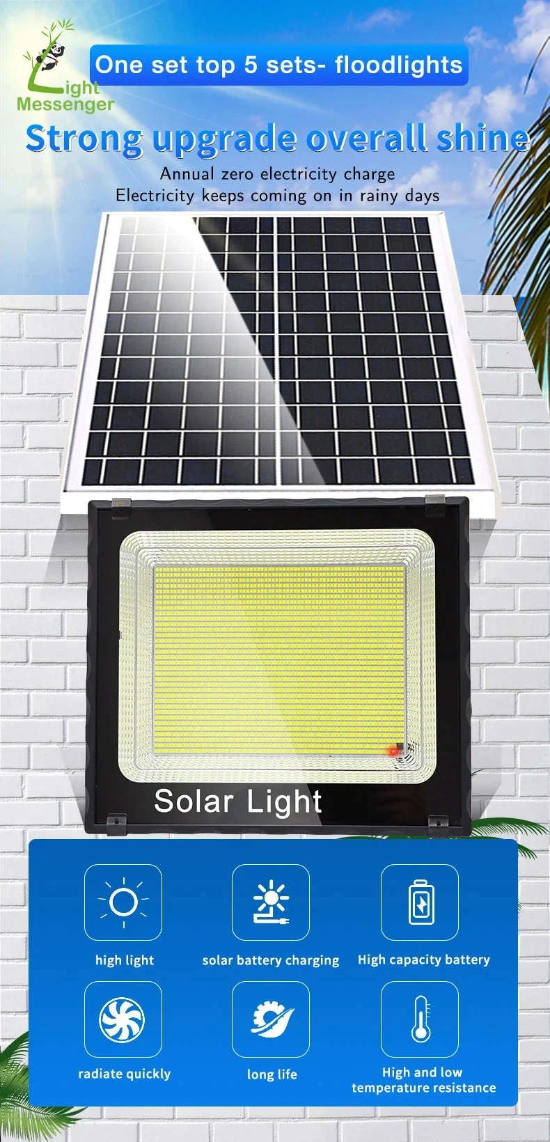 Light Messenger ODM Solar Power Panel Wall Lamp Outdoor Stadium Parking Lot Garden Courtyard Court Yard Sensor Remote IP66 Waterproof LED Solar Flood Light