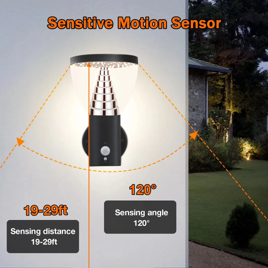 Black Stainless Steel Pyramid Waterproof Exterior Garden Solar LED Wall Light Outdoor PIR Sensor