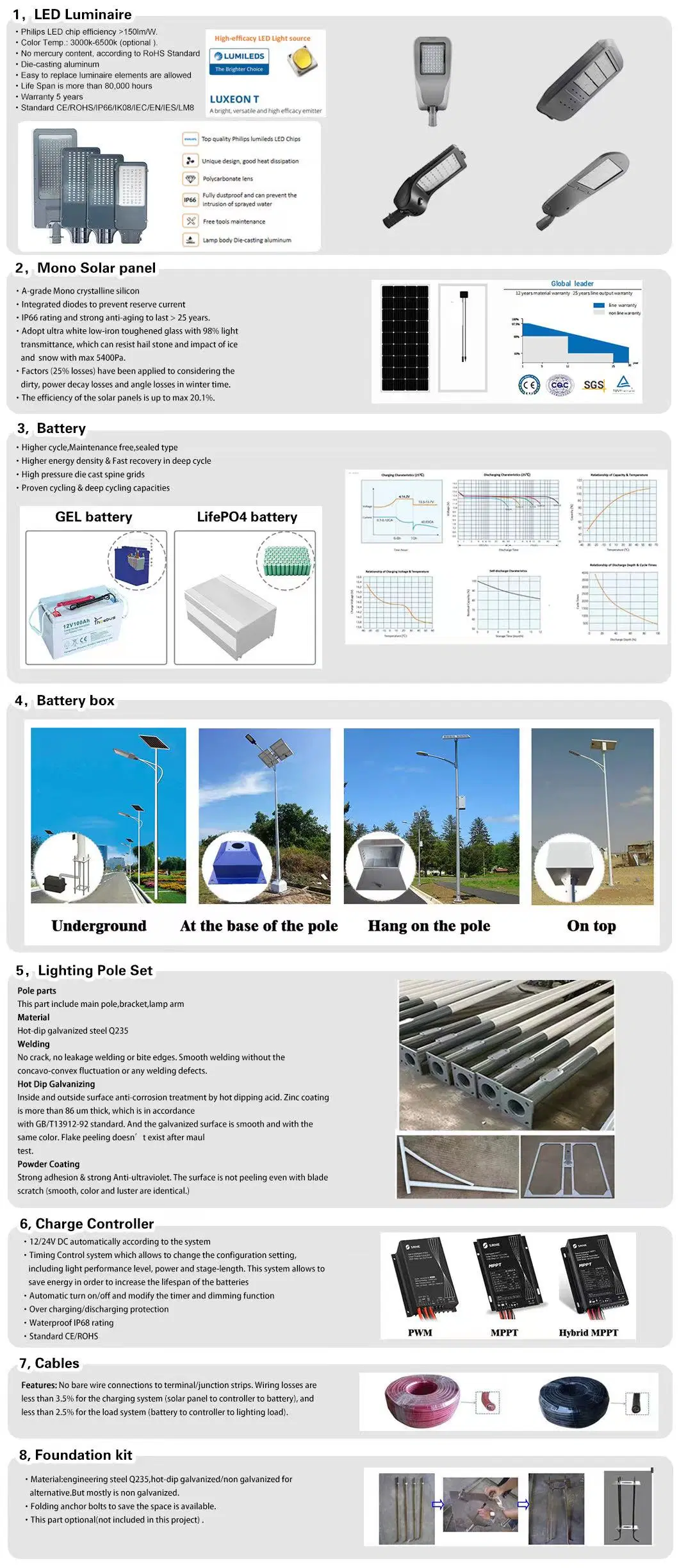 Energy Saving Outdoor 20W 30W Single/Twin Arms LED Solar Light with Poles MPPT/PWM Controller Charging Dusk to Dawn Lighting IP65