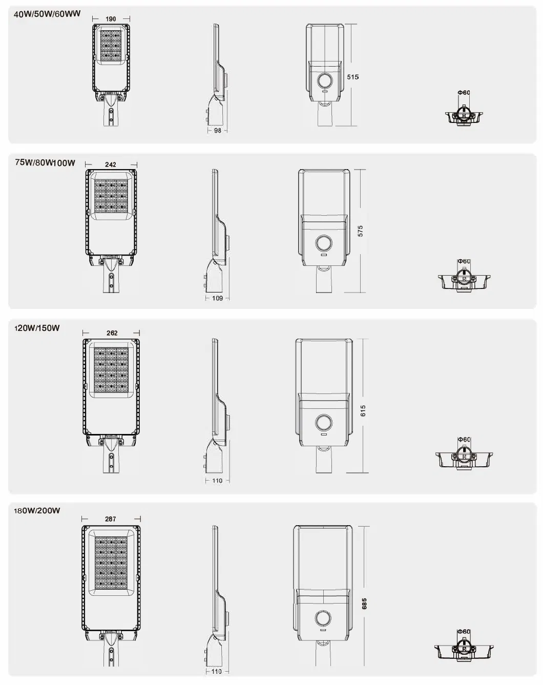 30W -200W 180W LED Street Light with Dusk to Dawn Photocell Sensor Waterproof Outdoor Security Lighting