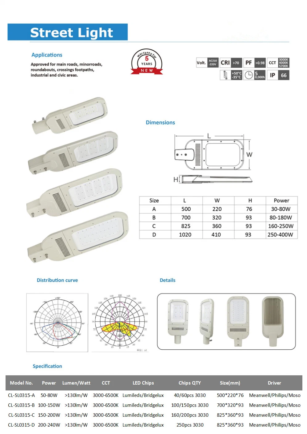 Outdoor IP65 80W 120W 150W 200W LED Street Light for Road and Highway Lighting Garden Light Courtyard Light