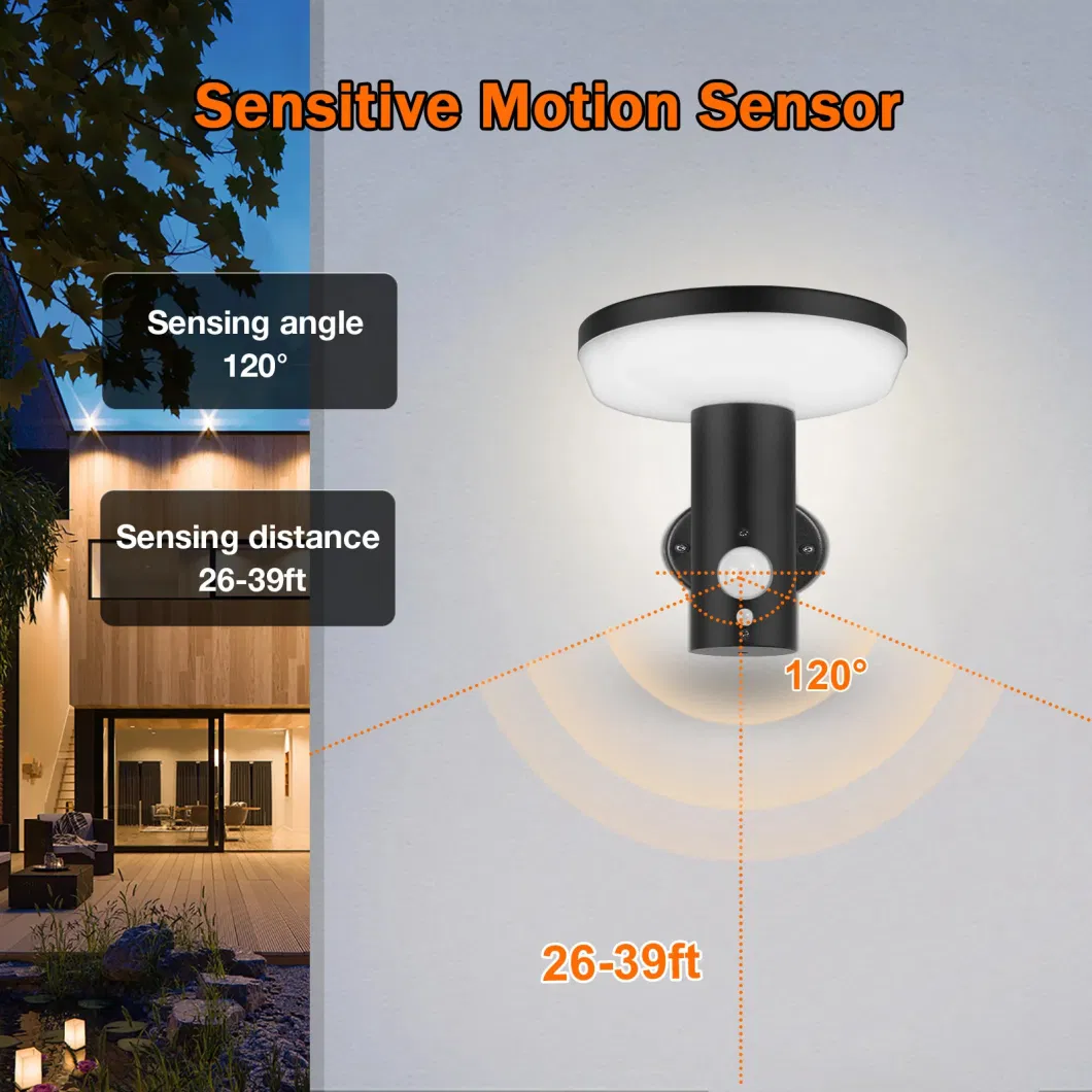 Decorative Stainless Steel IP54 Round Shape 3 Modes Motion Sensor Outdoor LED Solar Wall Light