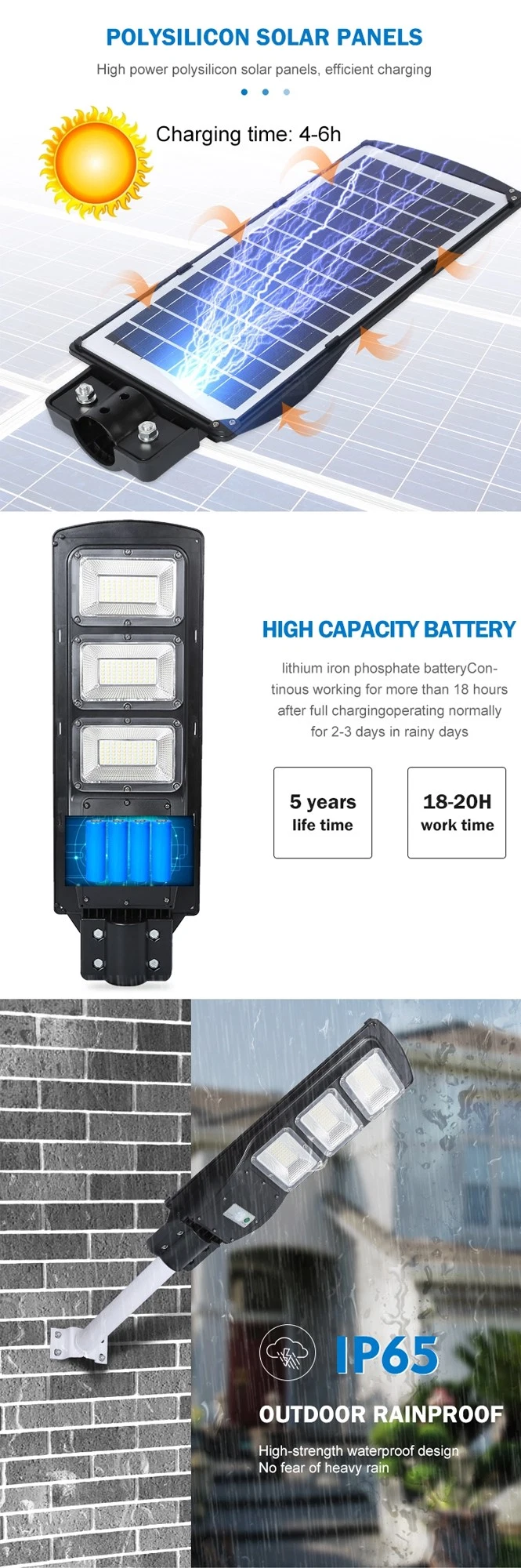 IP65 Waterproof Solar LED All in One Road Light, 30W 60W 90W 120W 180W ABS Outdoor Street Lighting, 4000K Lumen Garden LED Lamps