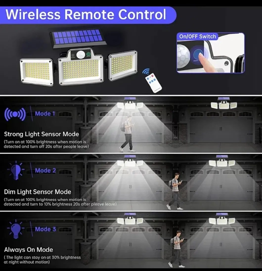 2024 Hot Solar Garden Lights Three-Head Rotating Human Sensor LED Light Outdoor Patio Garage Solar Lights