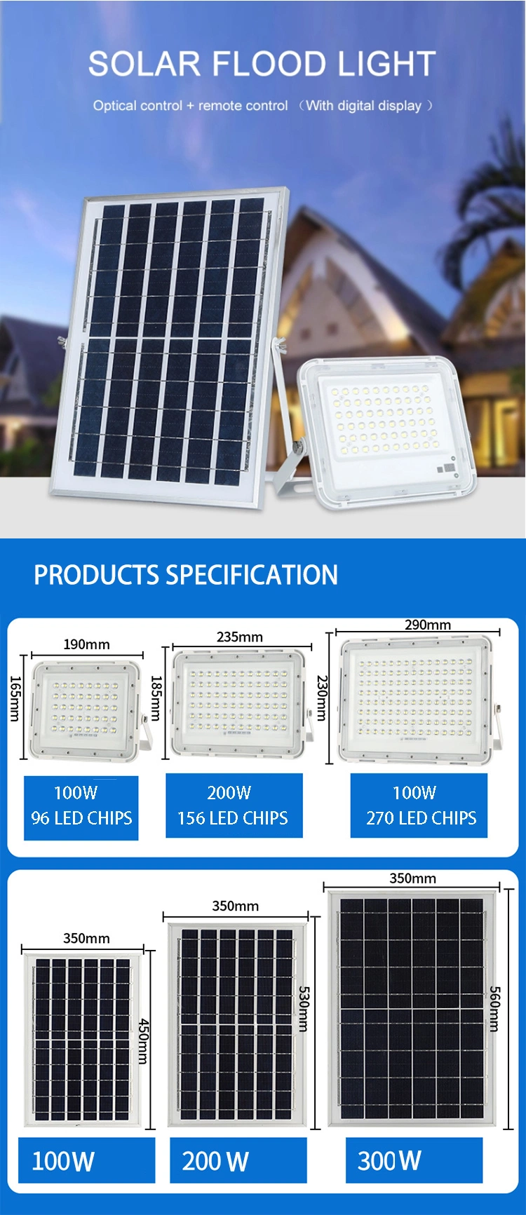 Garden Spotlight Outdoor IP65 200W 400W Solar Powered Rechargeable LED Flood Light