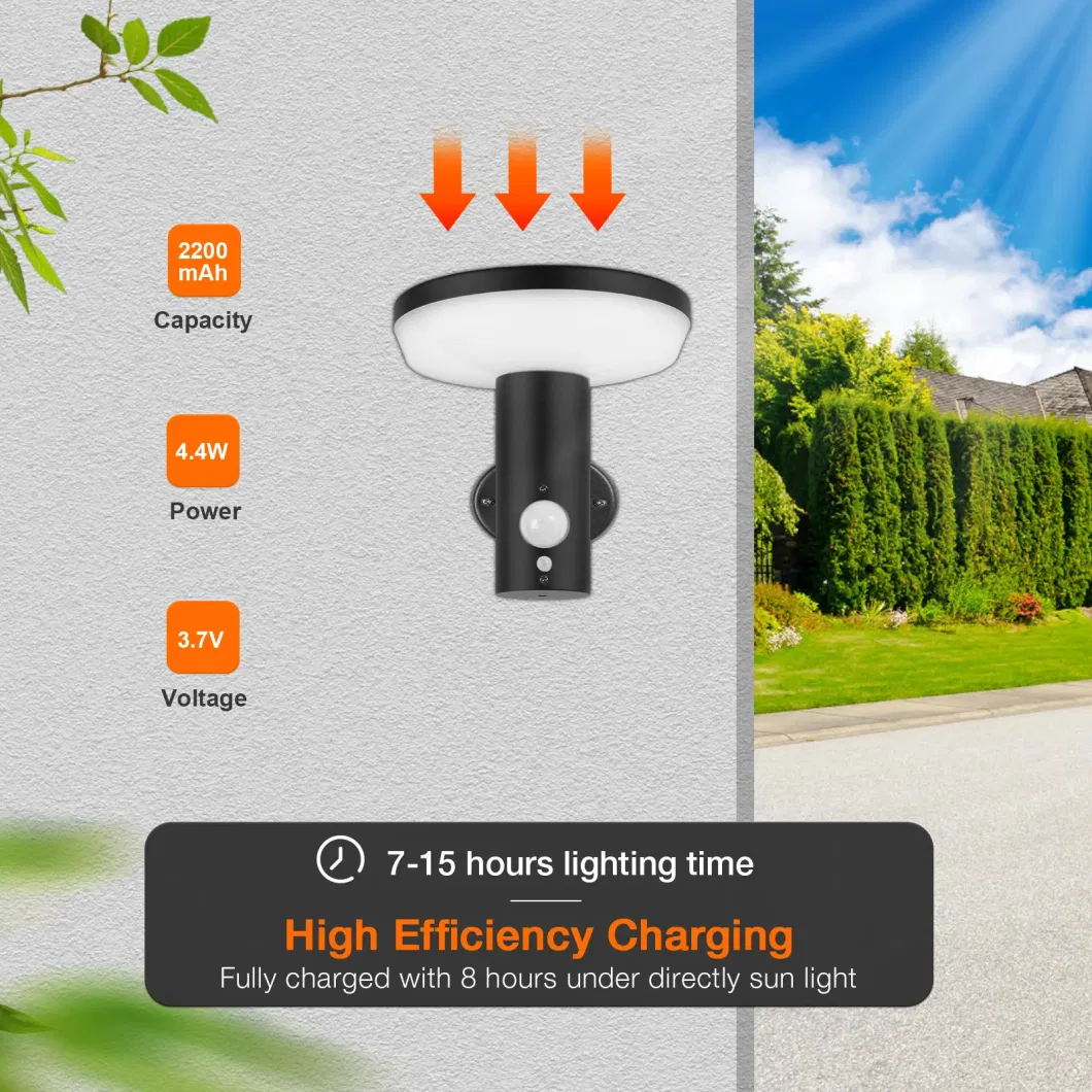 Decorative Stainless Steel IP54 Round Shape 3 Modes Motion Sensor Outdoor LED Solar Wall Light