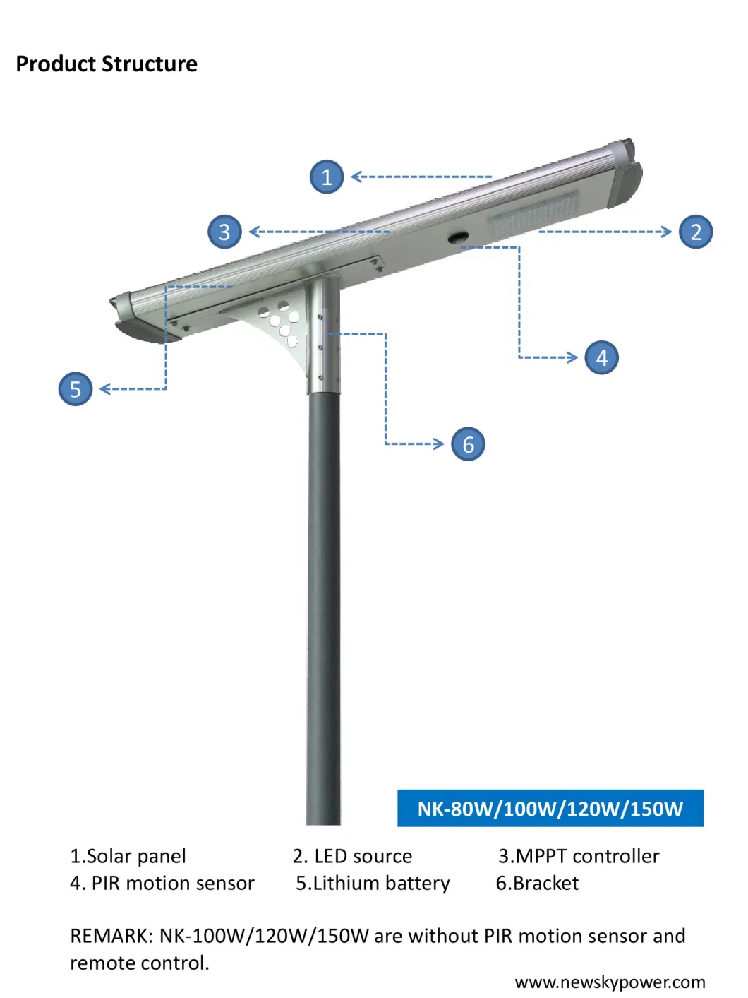 Outdoor All in One Cast Aluminum Garden Lamp 150W Commercial Government Project LED Solar Street Lamp for Driveway Plaza Park Road