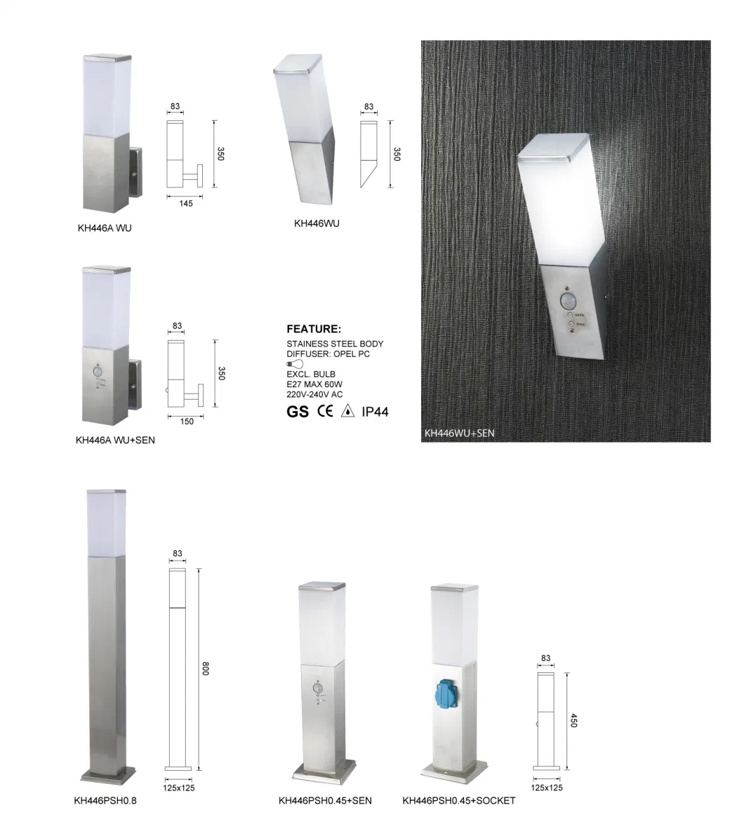 Landscape Polished Stainless Steel Square PC Shade E27 15W Lawn Garden Lights Outdoor Waterproof