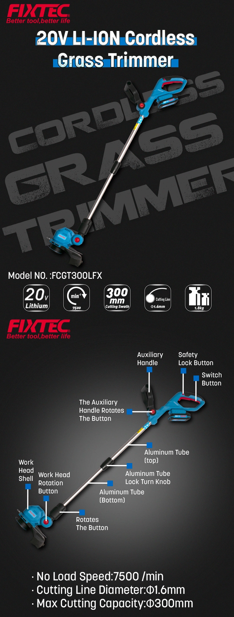 Fixtec China Garden Tools Lithium Battery Electric Rechargeable Cordless Garden Grass Trimmer Machine