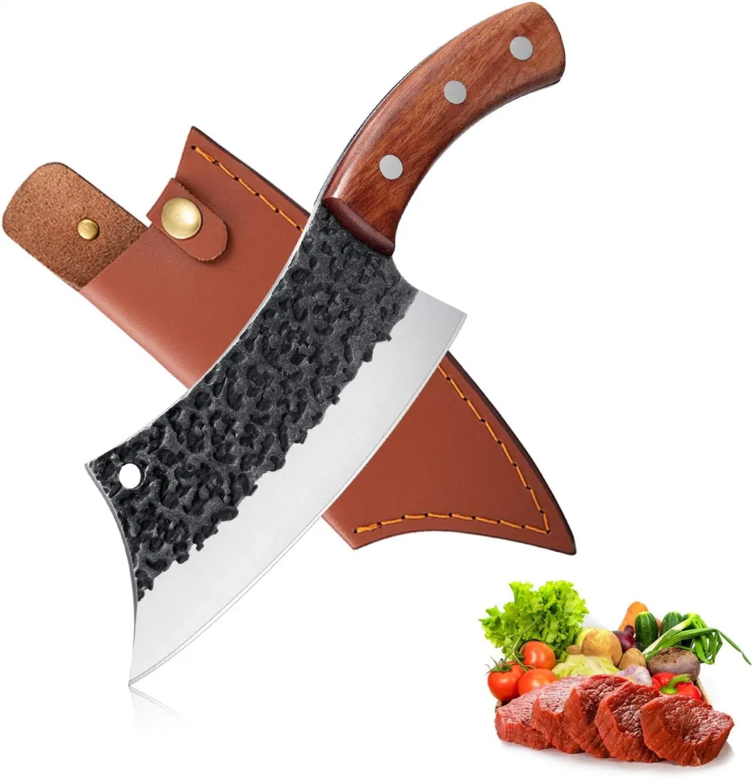 Ds-2508 Meat Cleaver Boning Knife Hand Forged Butcher Chef Knife Fishing Fillet Knife Full Tang with Leather Sheath Professional Kitchen Chopper for Outdoors