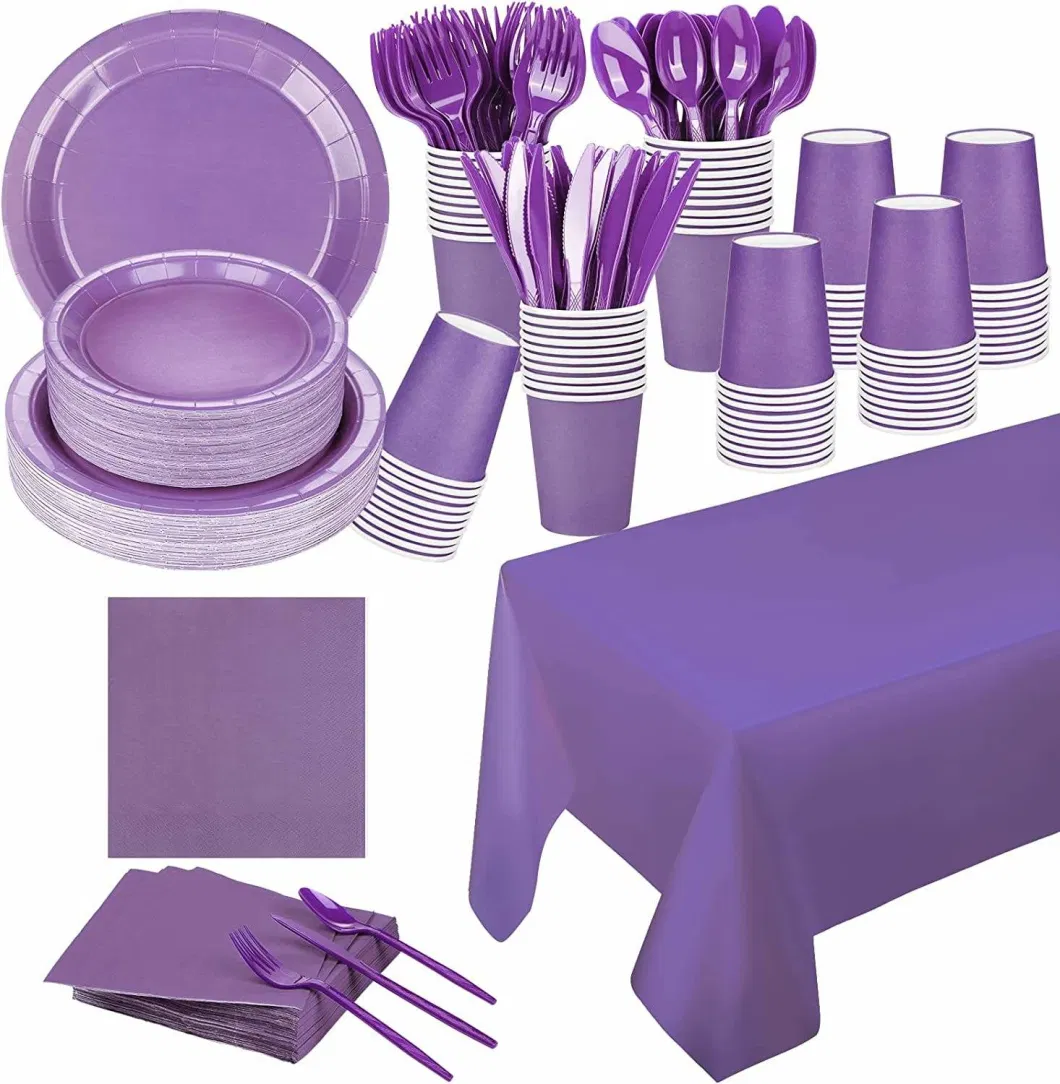 Colorful Paper Disposable Tableware Party Supplies Plates Cups Napkins Forks Knives Spoons Tablecloth Set