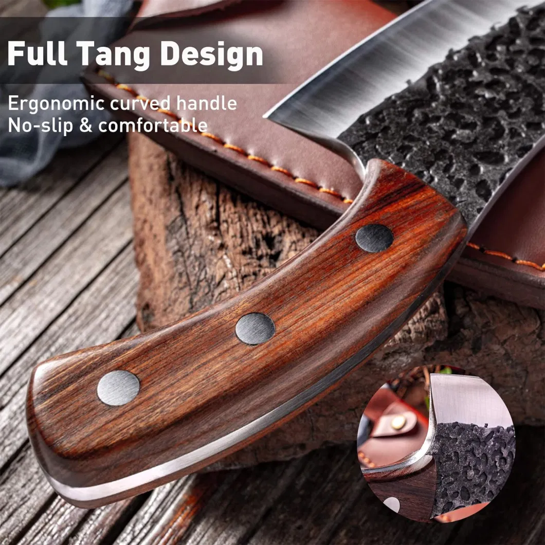 Ds-2508 Meat Cleaver Boning Knife Hand Forged Butcher Chef Knife Fishing Fillet Knife Full Tang with Leather Sheath Professional Kitchen Chopper for Outdoors