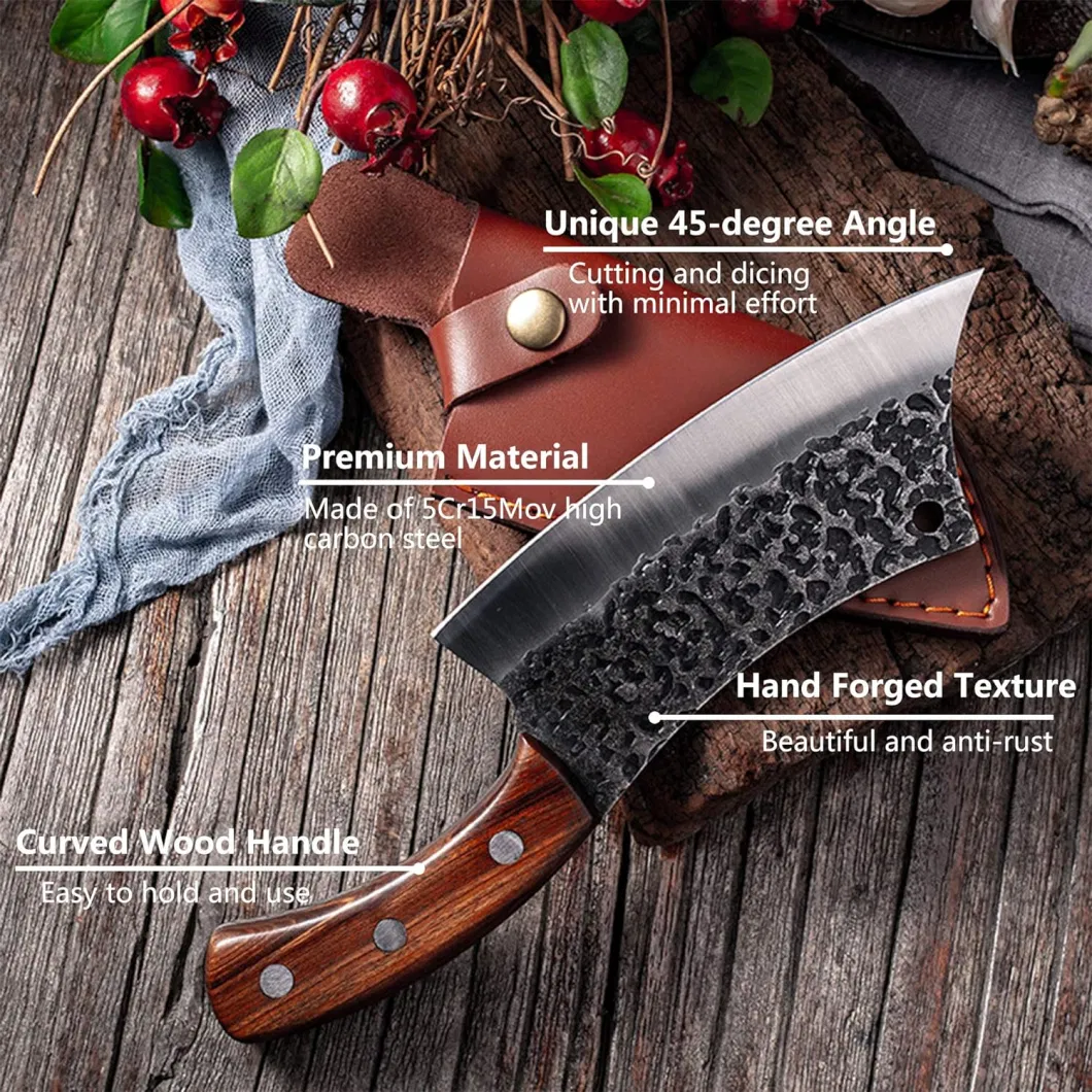 Ds-2508 Meat Cleaver Boning Knife Hand Forged Butcher Chef Knife Fishing Fillet Knife Full Tang with Leather Sheath Professional Kitchen Chopper for Outdoors