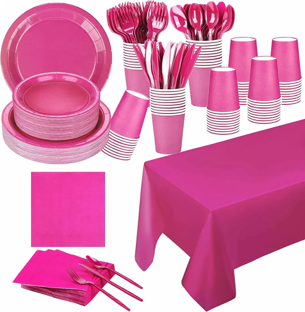 Colorful Paper Disposable Tableware Party Supplies Plates Cups Napkins Forks Knives Spoons Tablecloth Set