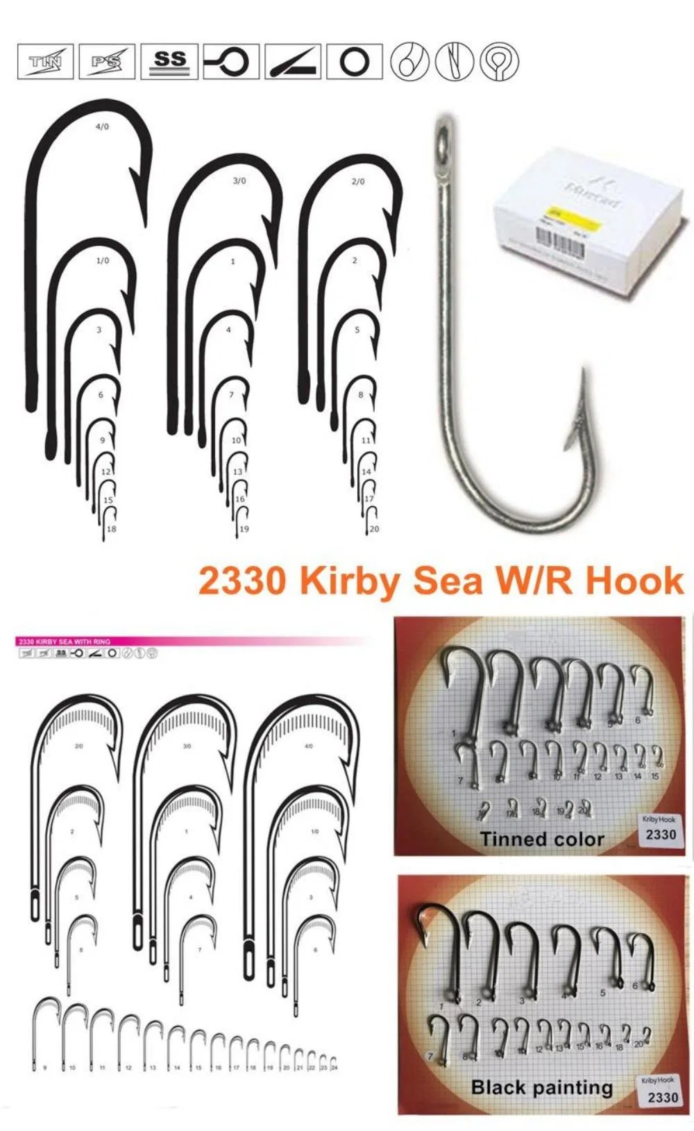 Tinned Color/Black Painted High Carbon Steel Kirby Sea Fishing Hook with Ring