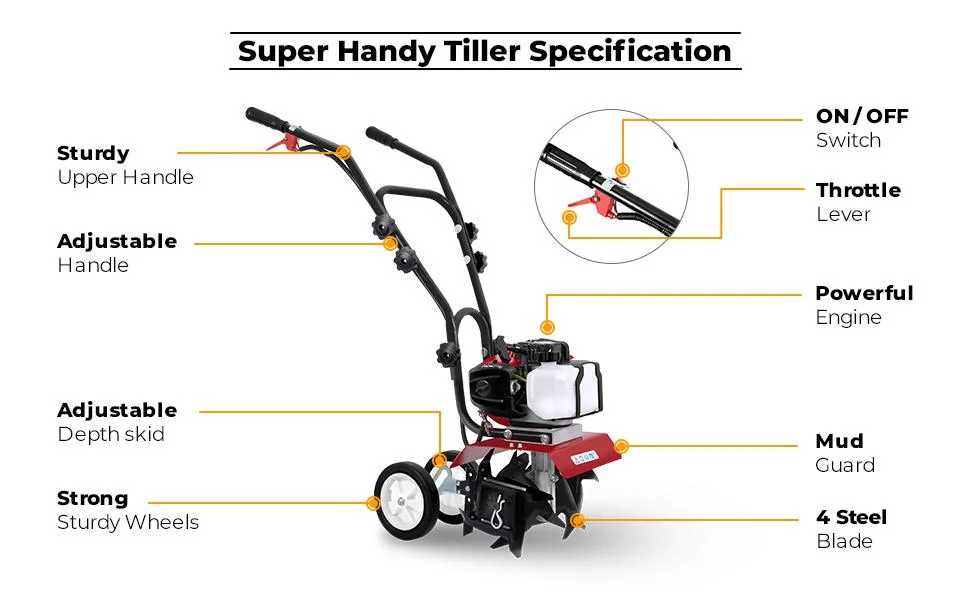 88cc Garden Cultivator Tiller Petrol Rotary Hoe 36 Tines Rototiller