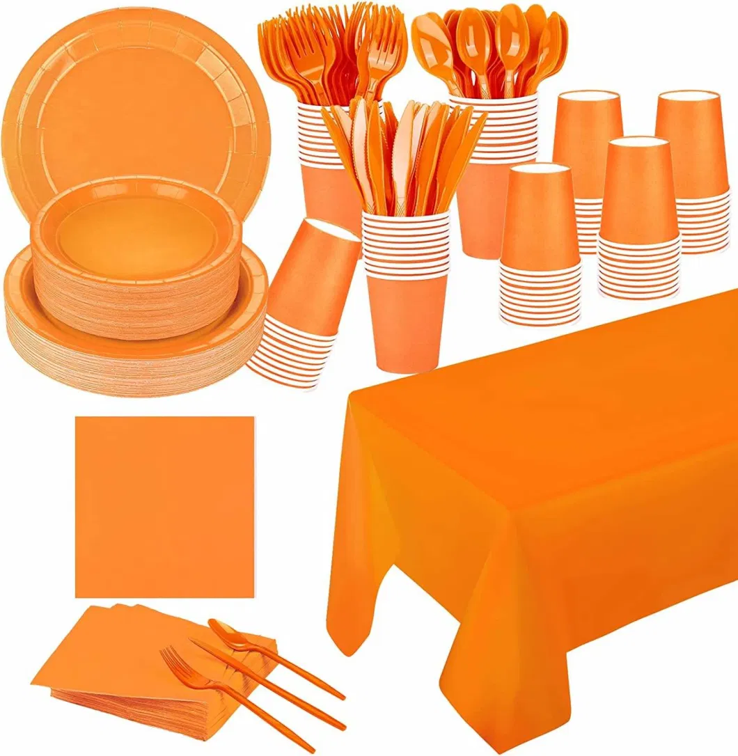 Colorful Paper Disposable Tableware Party Supplies Plates Cups Napkins Forks Knives Spoons Tablecloth Set