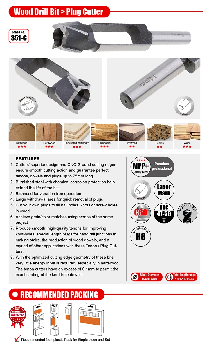 Premium Quality Tenon Dowel and Plug Cutter Cylindrical Shank for Wood Timber Drilling and Plug Picking